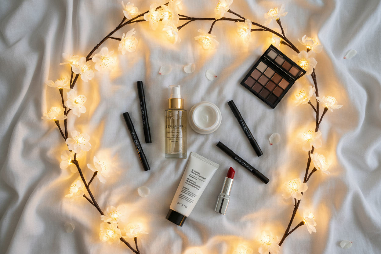 Flat Lay Skincare Makeup LED Lights on Bed